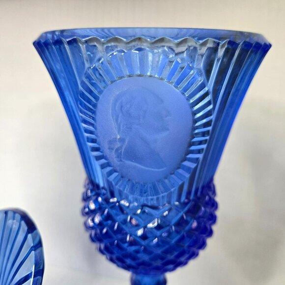 VTG 70s Blue Fostoria Avon George Martha Washington Goblets & Mt. Vernon Pitcher - Picture 6 of 9